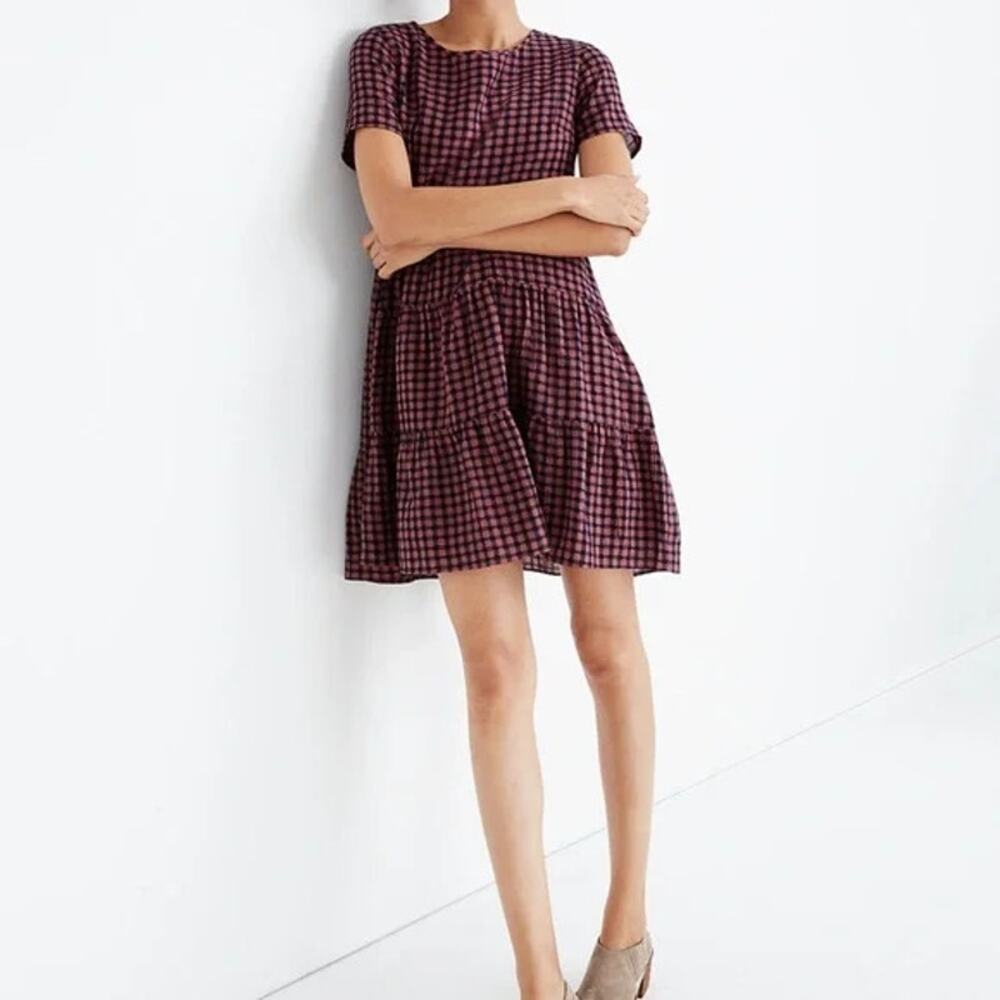 Madewell Pink & Blue Gingham Check Tiered Mini Dress‎ Women's XXS